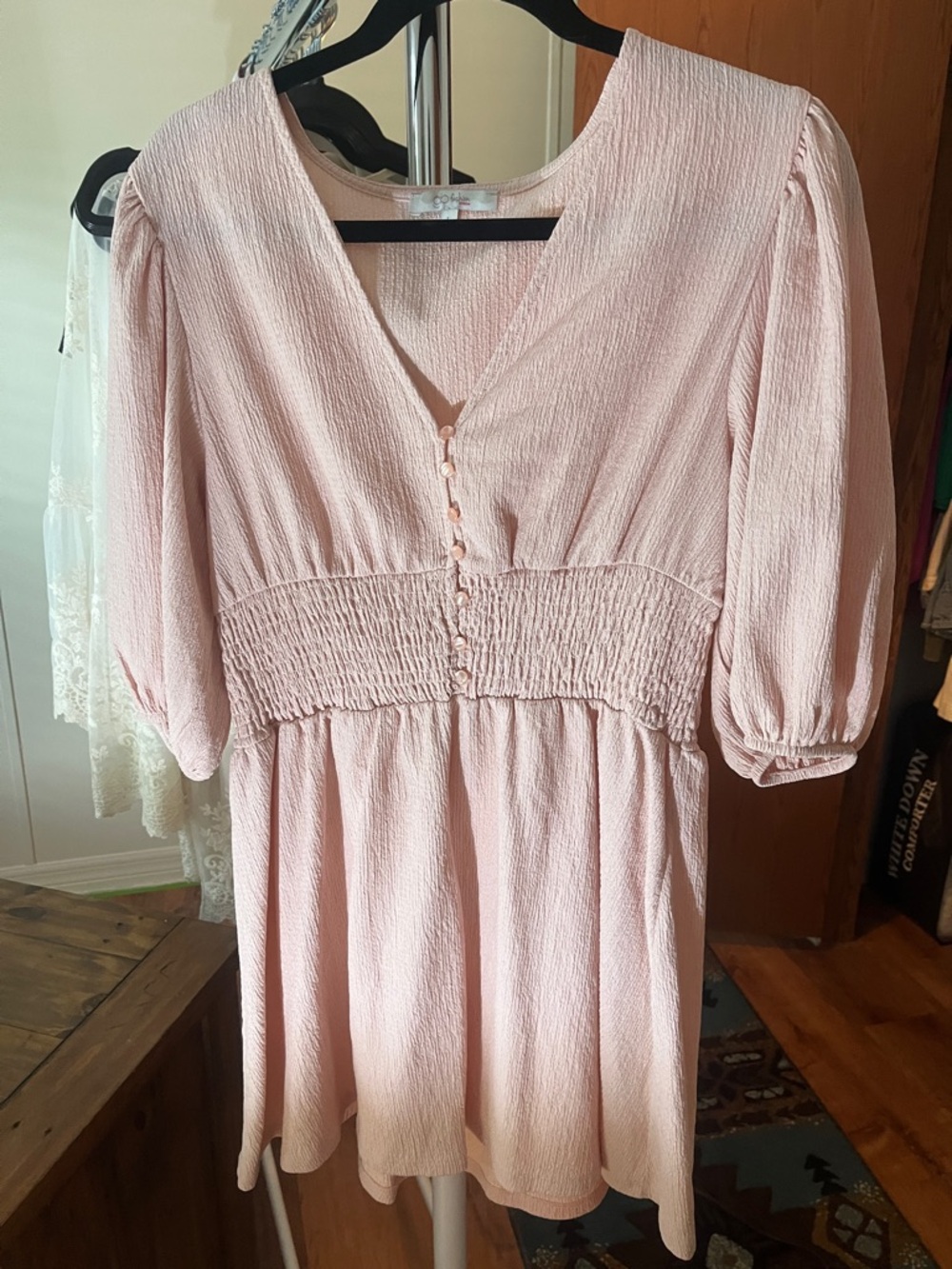 BB Dakota Light Pink V‑Neck Smocked Waist Mini Dress